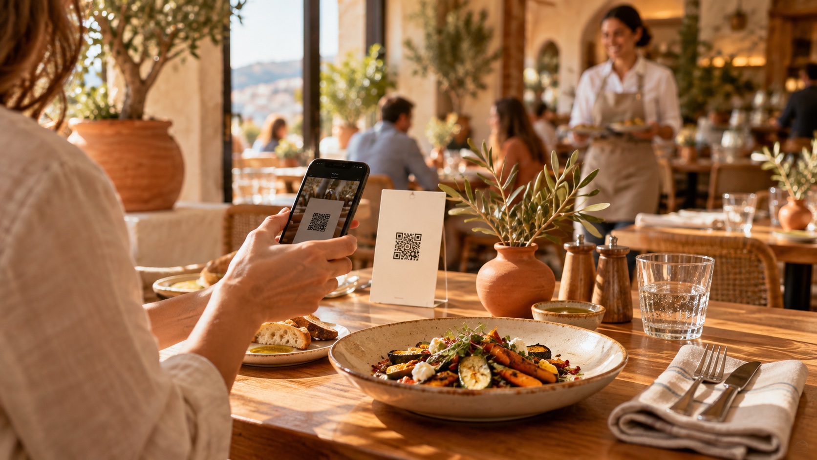 A guest uses her phone beside a QR code on a restaurant table.