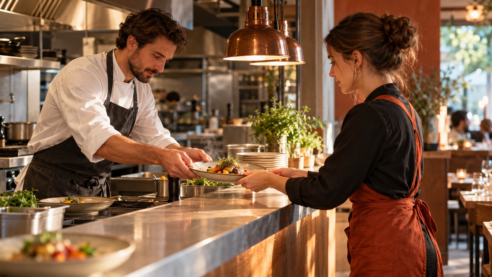 A cook hands a plate to a server at the restaurant pass.
