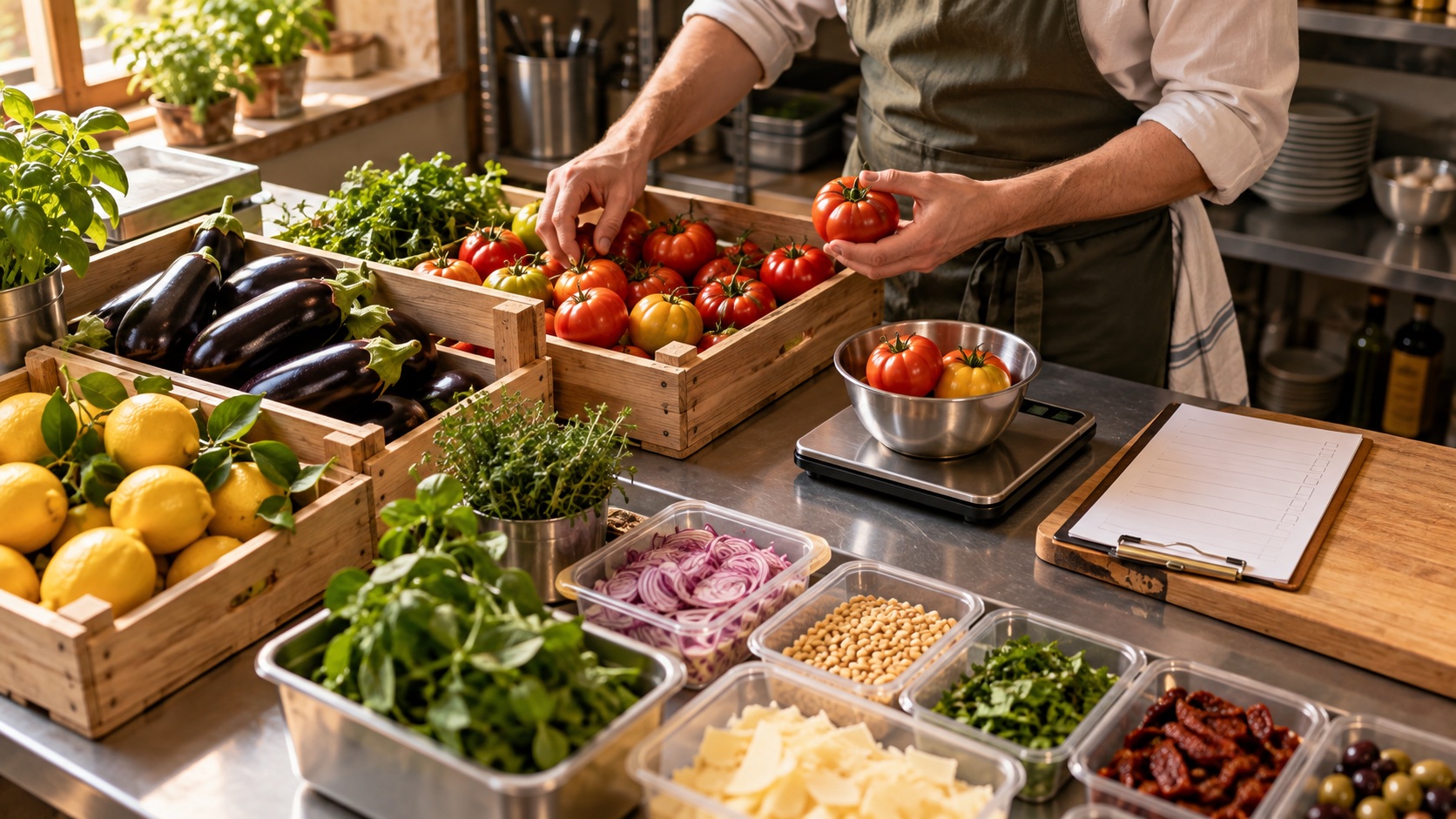 A cook checks fresh vegetables with a scale and an inventory sheet.
